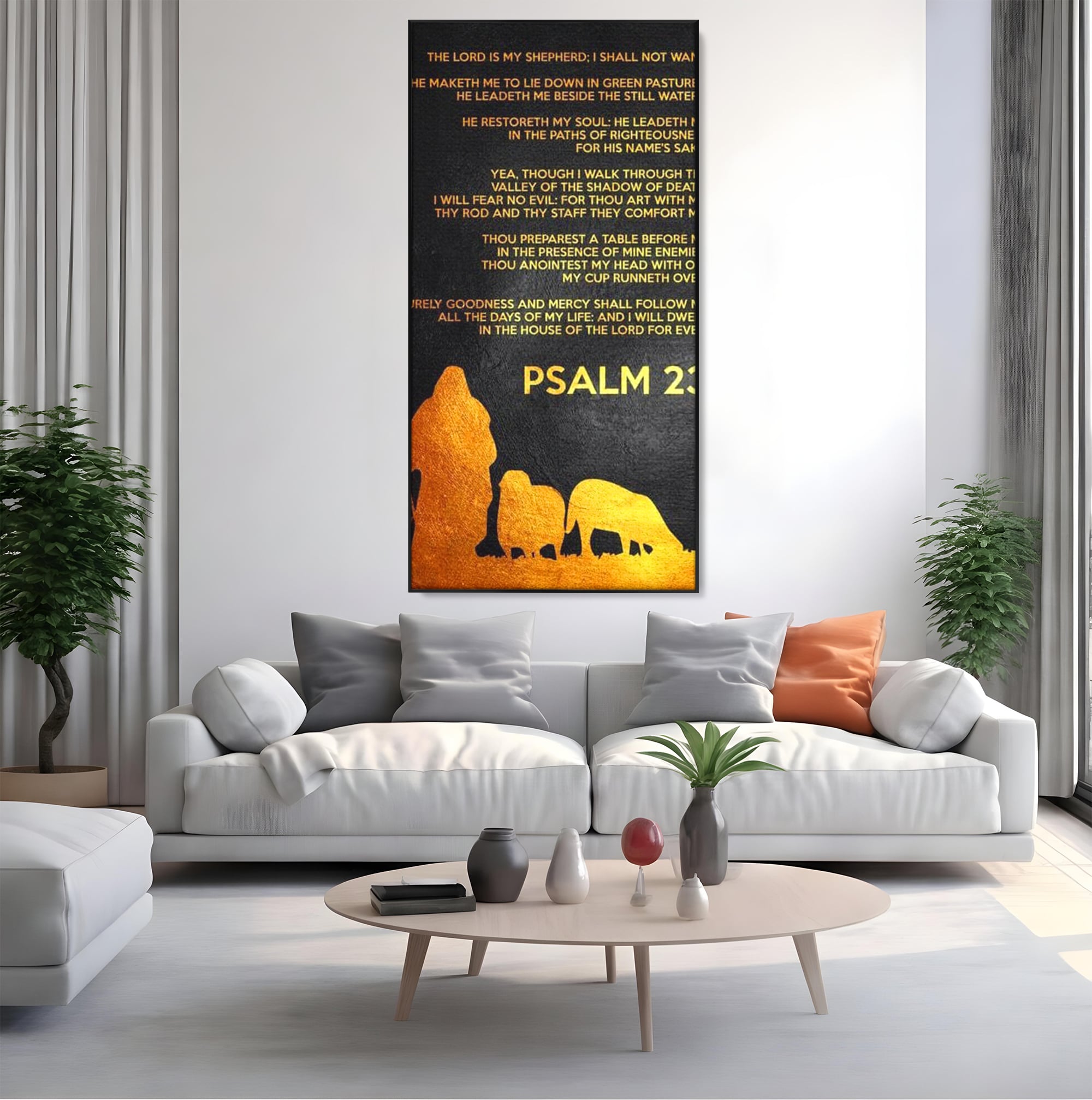 Tablou canvas cu tablou canvas cu psalm si silueta aurie, in rama de aluminiu negru, pe perete intr-un living
